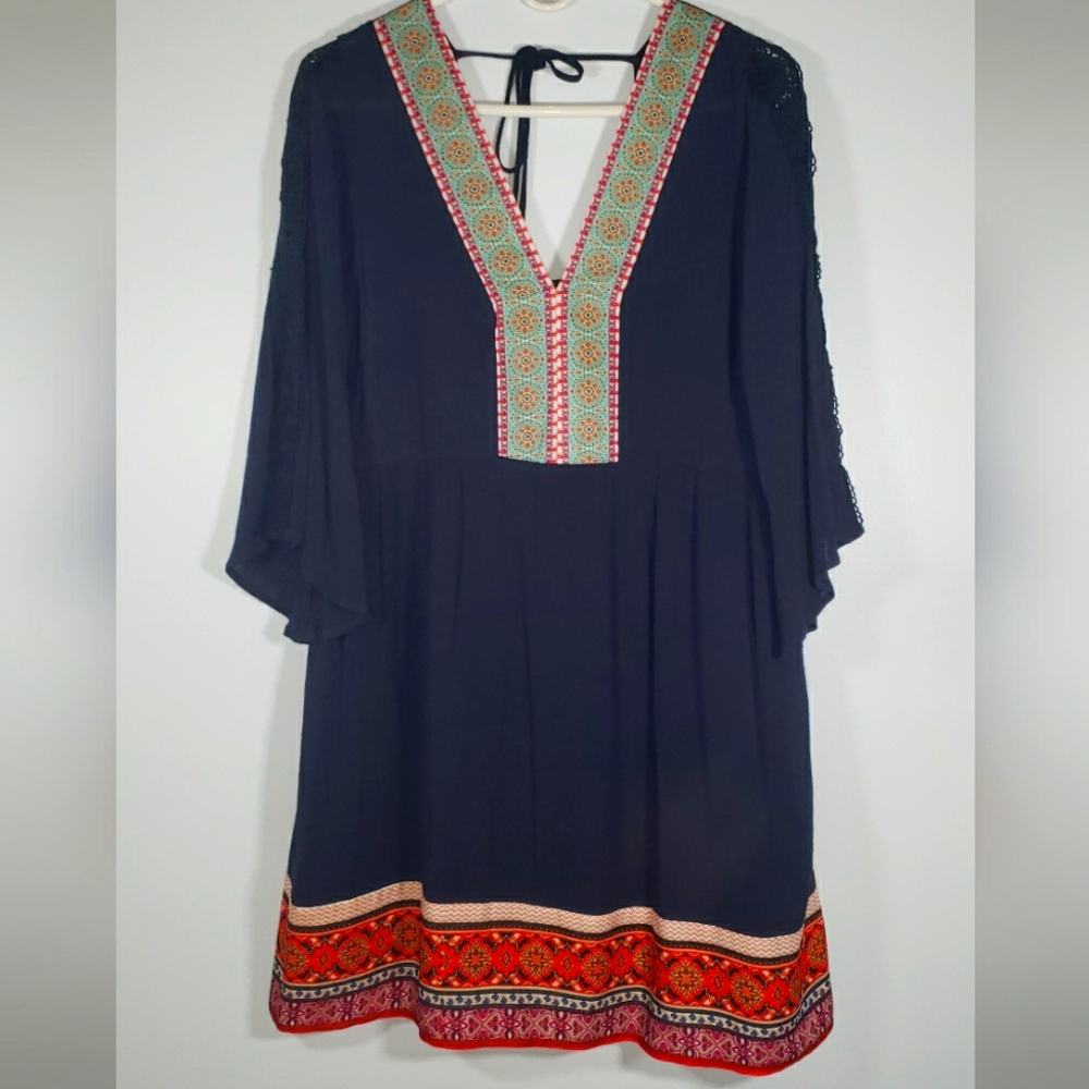White Mark Navy Midi Dress with Red & Orange Embroidered Hem